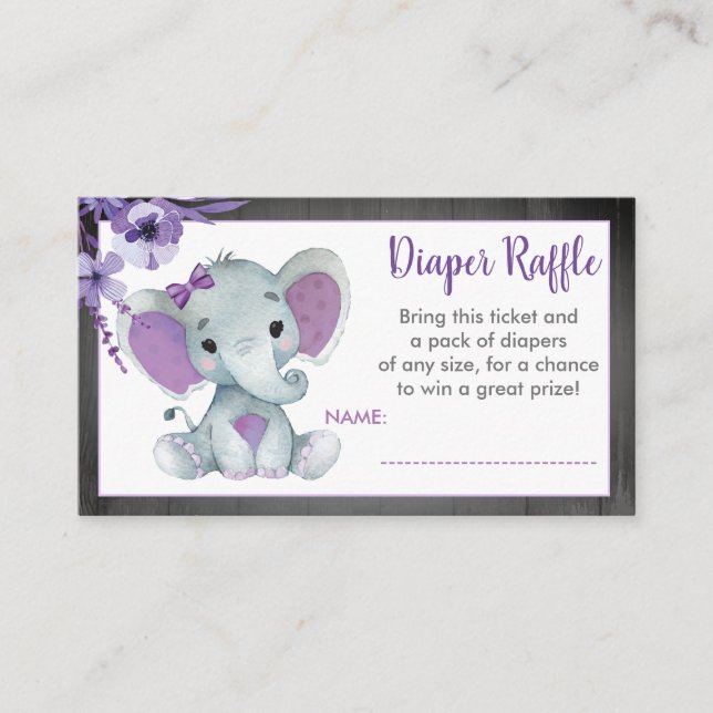 Baby Elephant diaper raffle ticket Purple Floral Enclosure Card (Front)