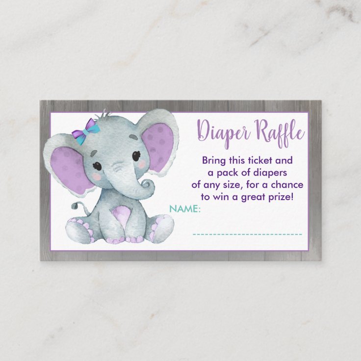 Baby Elephant diaper raffle ticket Purple Teal Enclosure Card | Zazzle