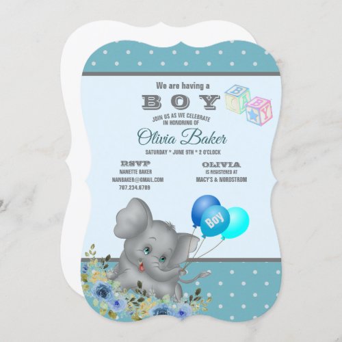 Baby Elephant Dots  Balloons Boy Baby Shower Invi Invitation