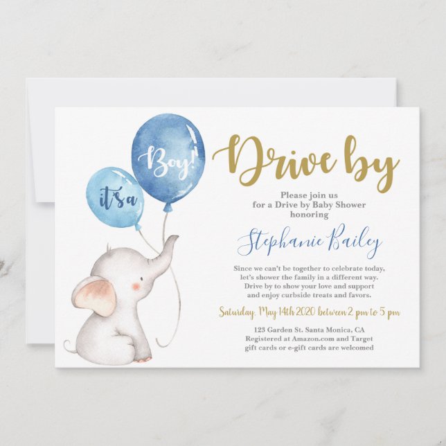 Baby elephant Drive by Baby Shower boy Invitation (Front)