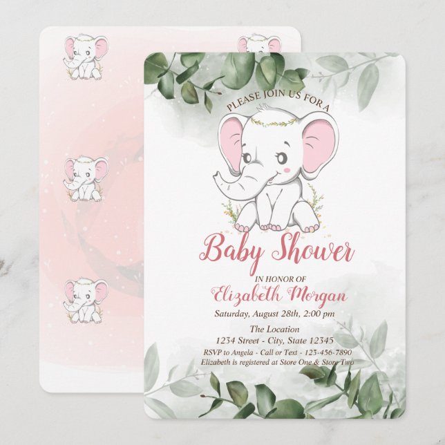 Baby Elephant,Eucalyptus Greenery Baby Shower Invitation (Front/Back)