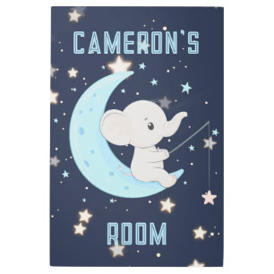 Baby Elephant Fishing 4 Stars Metal Wall Art