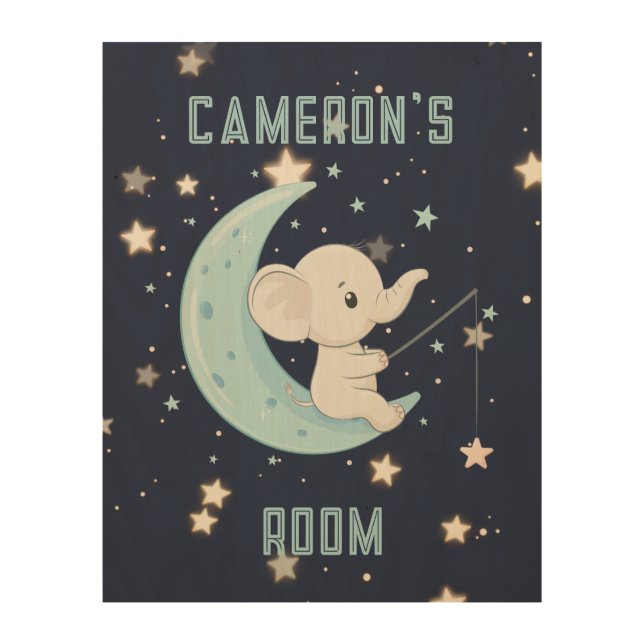 Baby Elephant Fishing 4 Stars Wood Wall Art (Front)