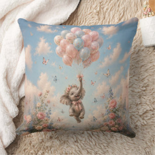 Baby Elephant Floating Balloons Butterflies Throw Pillow