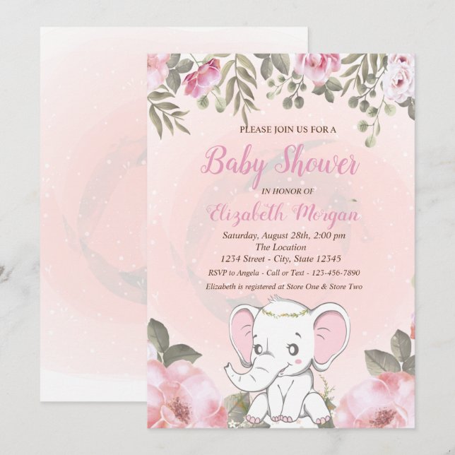 Baby Elephant Floral Baby Shower Invitation (Front/Back)