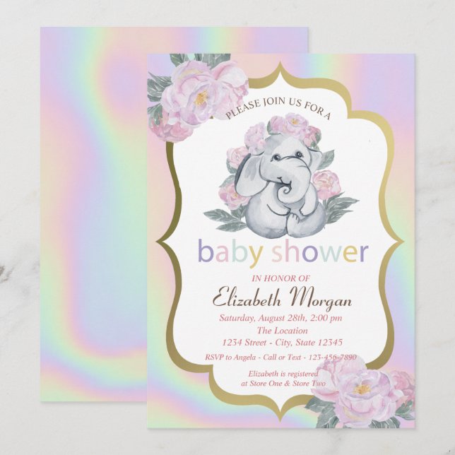 Baby Elephant,Floral,Holographic Baby Shower  Invitation (Front/Back)