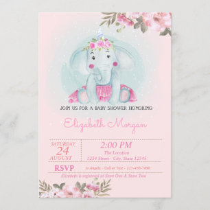 Baby Elephant, FloralCrown Baby Shower Invitation