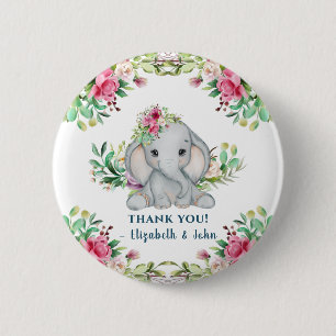 Baby Elephant Flower Baby Shower Thank You Button