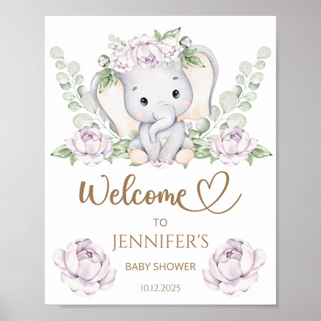 Baby Elephant & Flower Baby Shower Welcome  Poster (Front)