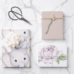 Baby Elephant & Flower Wrapping Paper Sheets