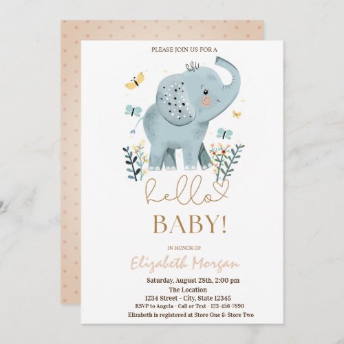 Baby Elephant Flowers Butterfly Dots Baby Shower  Invitation