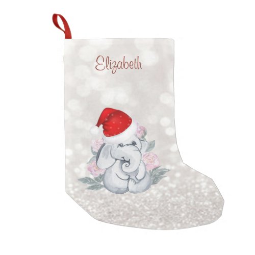 Baby Elephant Flowers Santa Hat Glittery Bokeh Small Christmas Stocking