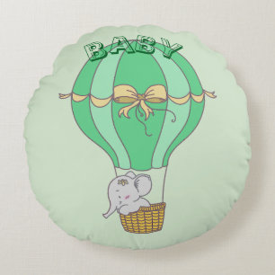 Baby Elephant Flying in Balloon Gender Neutral Round Pillow