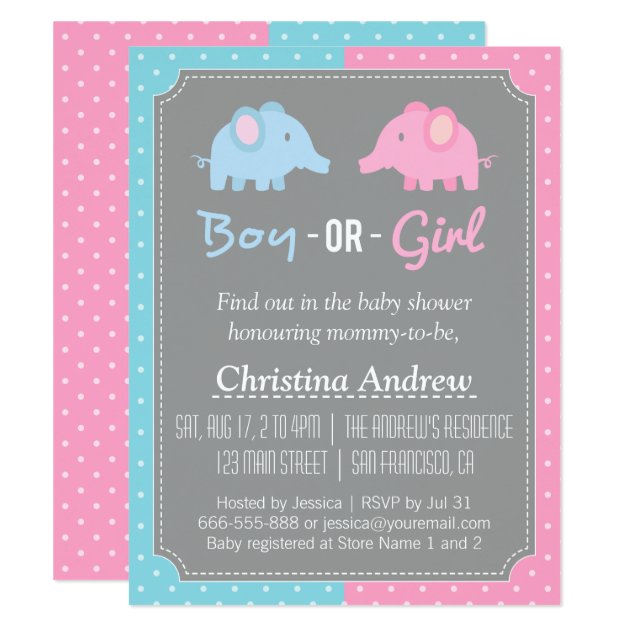 Baby Elephant Gender Reveal Baby Shower Party Invitation