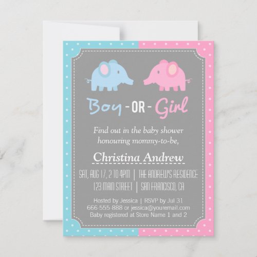 Baby Elephant Gender Reveal Baby Shower Party Card