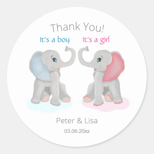 Baby Elephant  Gender Reveal Thank you Classic Round Sticker