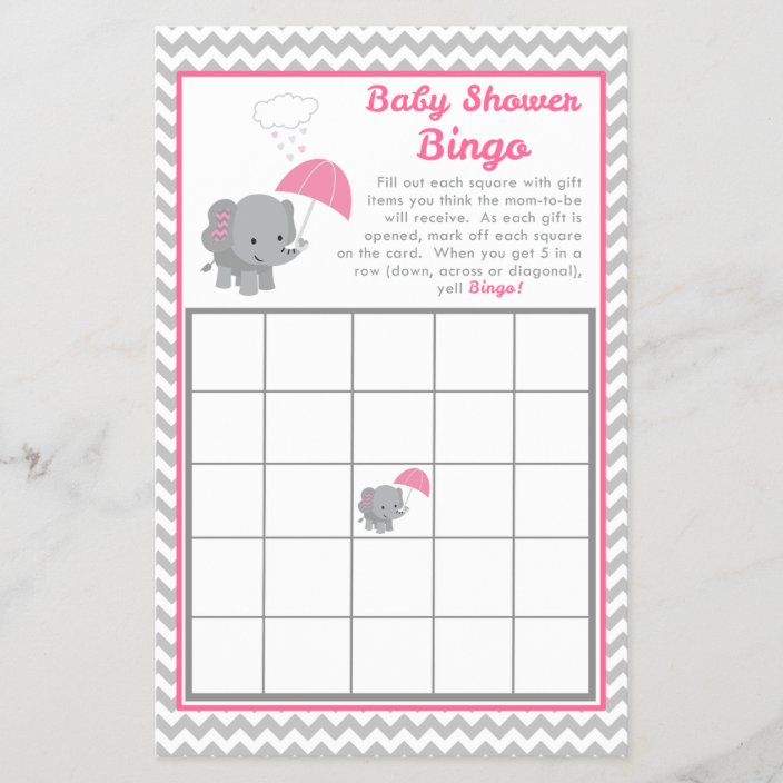 Baby Elephant Girl Baby Shower Game Bingo Card Zazzle Com