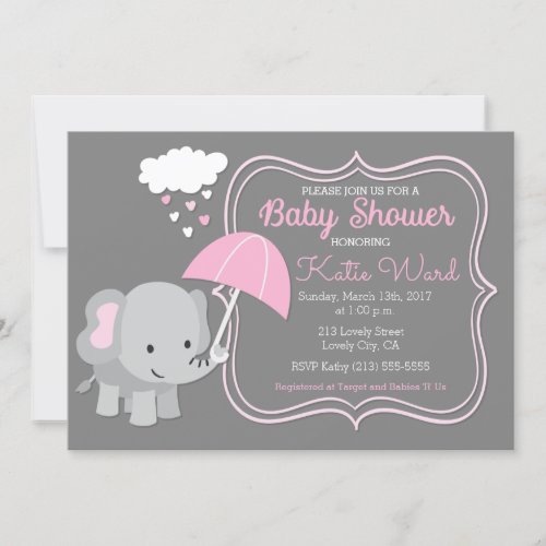 Baby Elephant Girl Baby Shower Pink Invitation