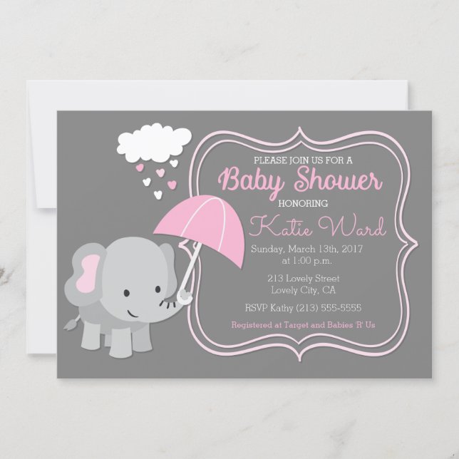 Baby Elephant Girl Baby Shower Pink Invitation (Front)
