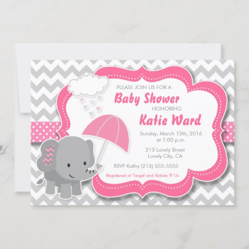 Baby Elephant Girl Baby Shower Pink Invitation