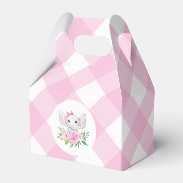 Baby Elephant Girl Favor Box Pink Gingham (Front Side)