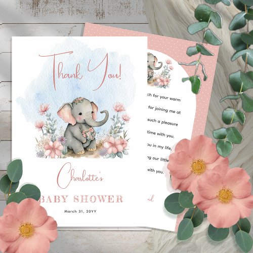 Baby Elephant Girl Floral Pink Baby Shower  Thank You Card