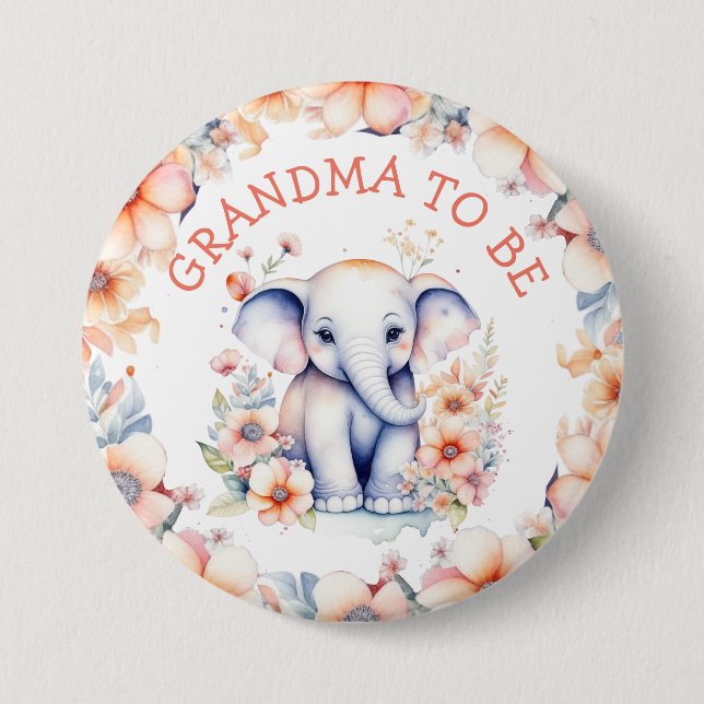 Baby Elephant Girl's Baby Shower Grandma to Be Button (Front)