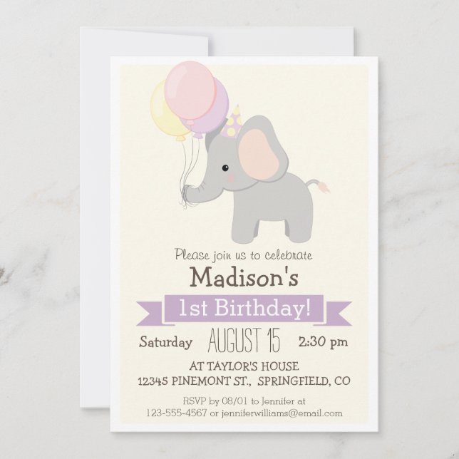 Baby Elephant Girl's Birthday Party Invitation (Front)