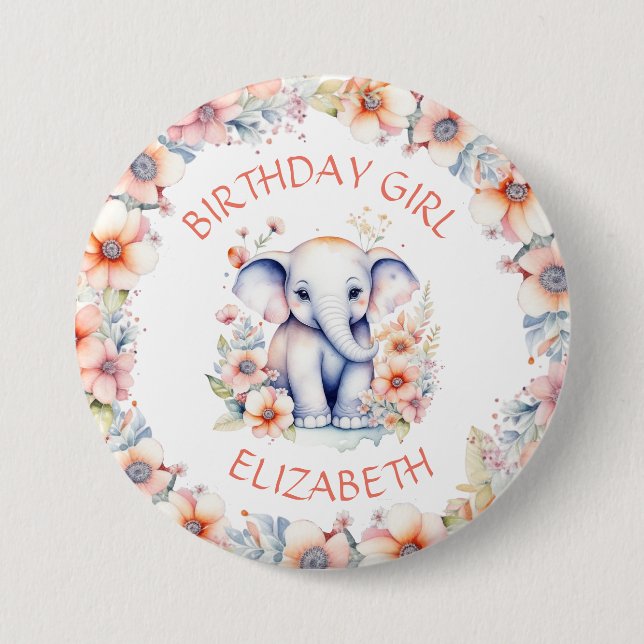 Baby Elephant Girl's Birthday Party Personalized Button (Front)