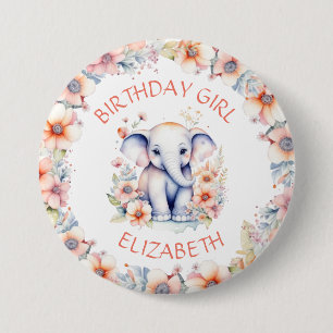 Baby Elephant Girl's Birthday Party Personalized Button
