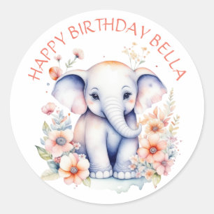 Baby Elephant Girl's Birthday Party Personalized Classic Round Sticker