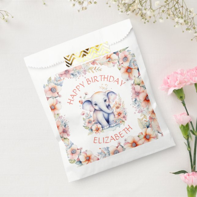 Baby Elephant Girl's Birthday Party Personalized Favor Bag (Sealed)