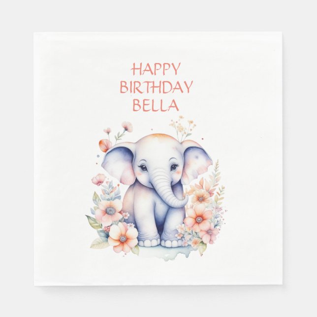 Baby Elephant Girl's Birthday Party Personalized Napkins (Front)
