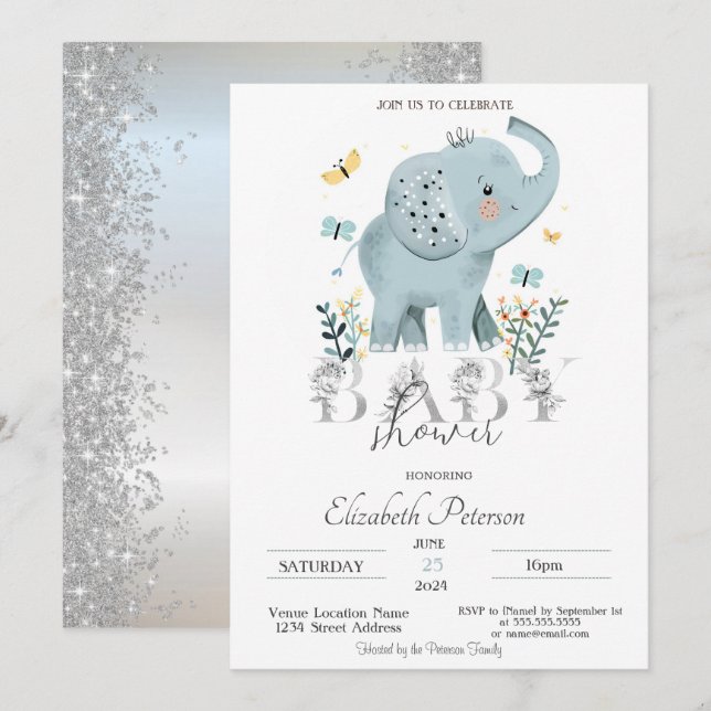 Baby Elephant Glitter Silver Baby Shower Invitation (Front/Back)