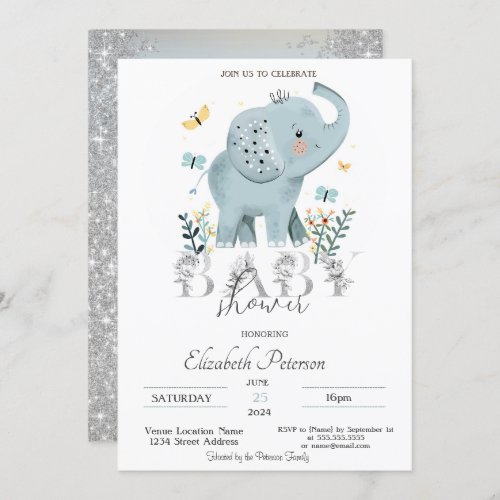 Baby Elephant Glitter Silver Baby Shower Invitation