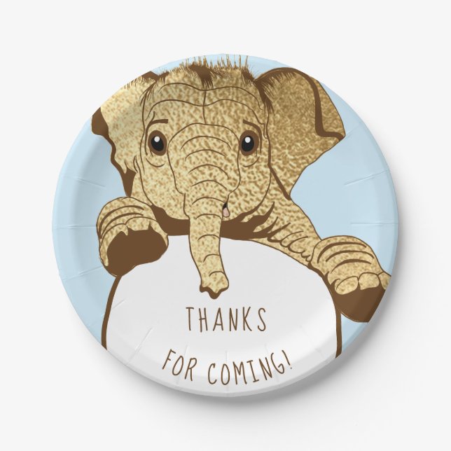 Baby Elephant Gold Blue Paper Plates (Front)