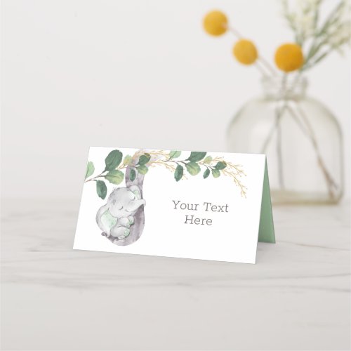 Baby Elephant Green and Gold Watercolor Greenery Place Card