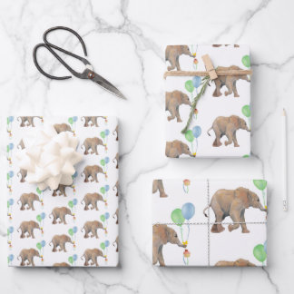 Baby Elephant green & blue balloon Set x3.  Wrapping Paper Sheets