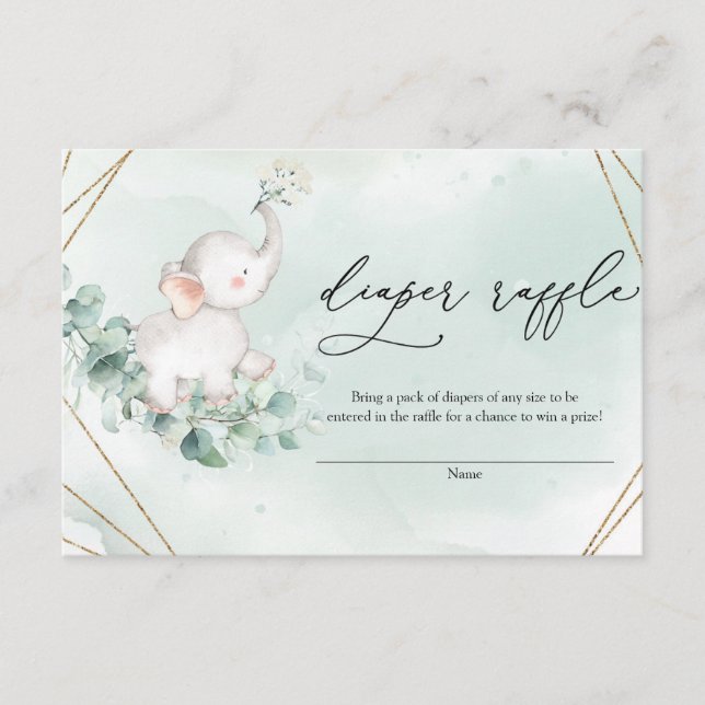 Baby Elephant Green Eucalyptus Gold Diper Raffle Enclosure Card (Front)