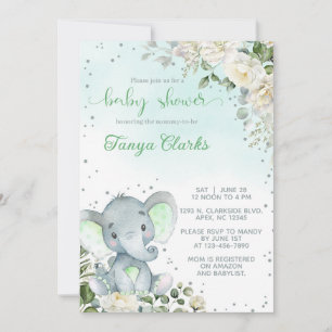 Baby elephant & green flowers girl baby shower. invitation