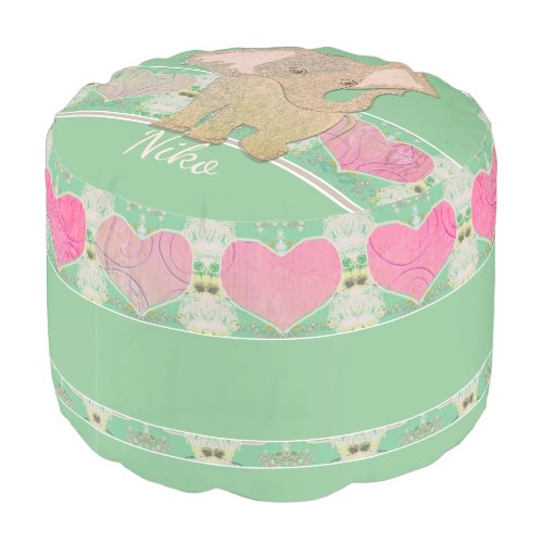 Baby Elephant Green Pink Round Pouf