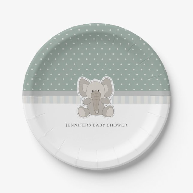 Baby Elephant Green Polka Dot Baby Shower Paper Plates (Front)