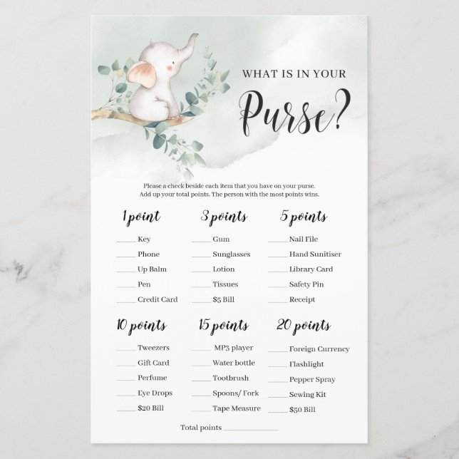 Baby elephant greenery what is in your purcse game (Front)