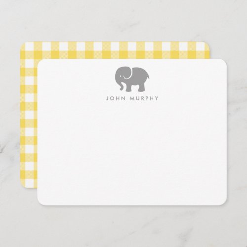 Baby Elephant Grey Yellow Gingham Thank You Flat Note Card