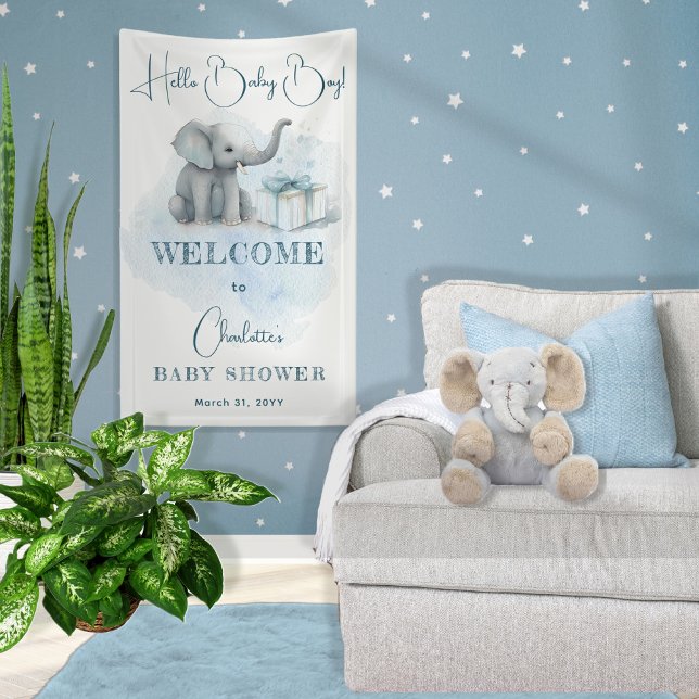Baby Elephant Hello Baby Boy Blue Baby Shower  Banner (Creator Uploaded)