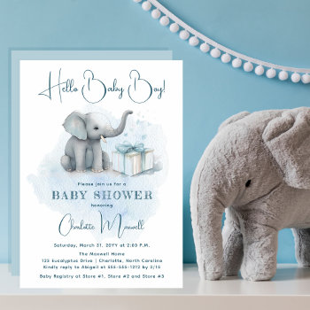 Baby Elephant Hello Baby Boy Blue Baby Shower Invitation by holidayhearts at Zazzle