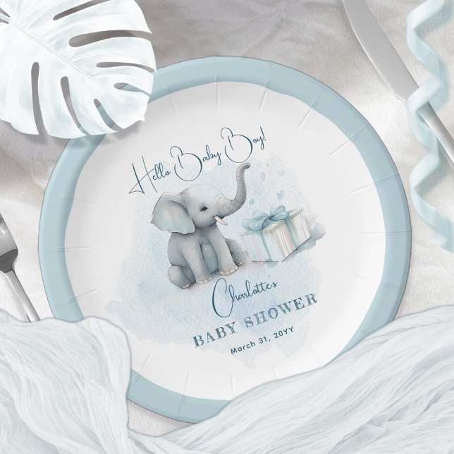 Baby Elephant Hello Baby Boy Blue Baby Shower  Paper Plates (Creator Uploaded)