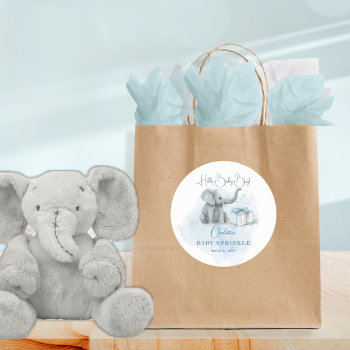 Baby Elephant Hello Baby Boy Blue Baby Sprinkle Classic Round Sticker by holidayhearts at Zazzle