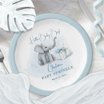 Baby Elephant Hello Baby Boy Blue Baby Sprinkle Paper Plates by holidayhearts at Zazzle