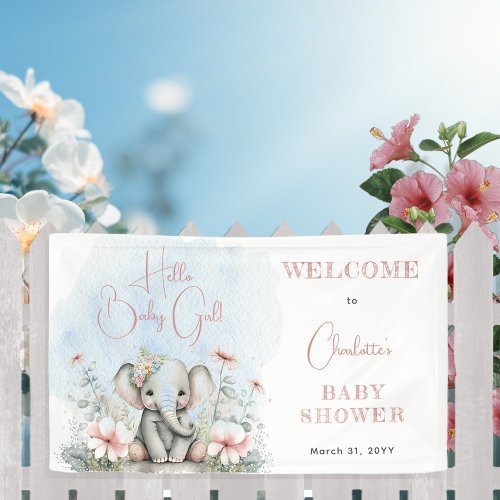 Baby Elephant Hello Baby Girl Floral Baby Shower Banner
